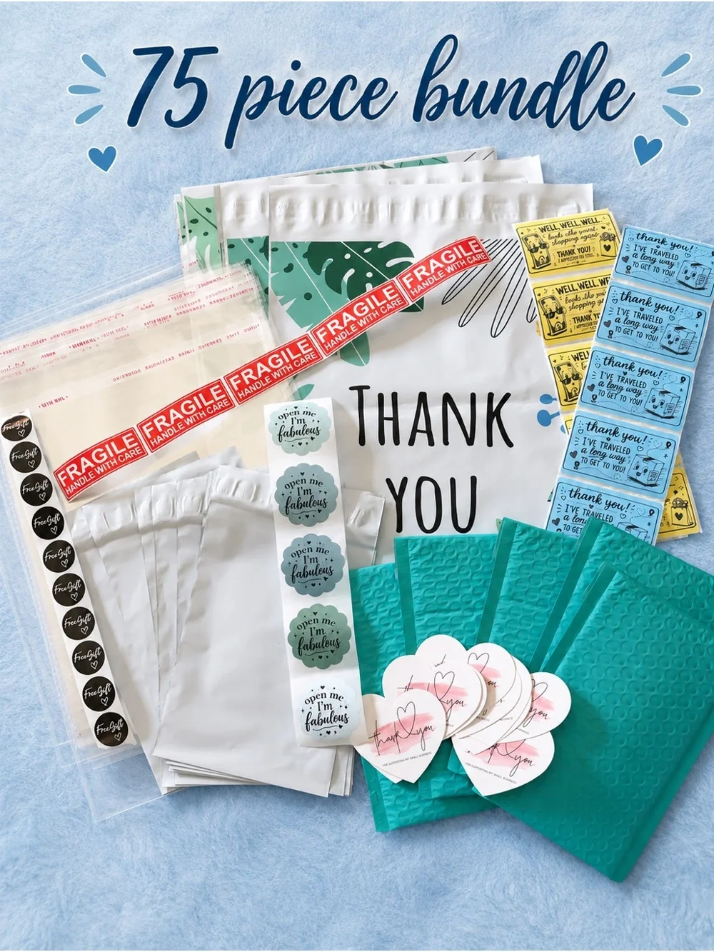 75 piece Thank You Mailer Kit with Polymailers, clear bags,and Assorted Stickers